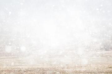 Snowy winter background in the park, blurred abstract seasonal backdrop, snowflake texture, light landscape background