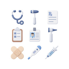 Collection of medical icons including stethoscope thermometer syringe and more isolated on transparent background
