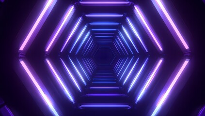 Immersive futuristic neon tunnel with repeating geometric shapes and vibrant purple and blue lighting effects