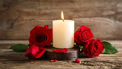 A lit candle is surrounded by red roses on a rustic wooden surface