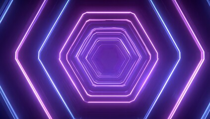 Abstract futuristic tunnel of glowing hexagonal geometric shapes illuminated by vibrant neon lights in deep purple and blue hues