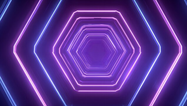 Abstract futuristic tunnel of glowing hexagonal geometric shapes illuminated by vibrant neon lights in deep purple and blue hues