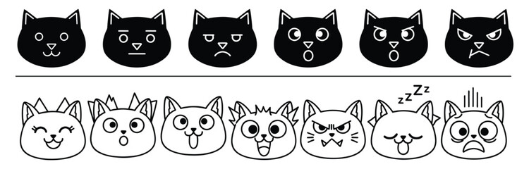 Cat icon collection. Set of cute cat emoji symbols. Cat head emoticon image with simple black and white lines and color blocks. Isolated vector..eps