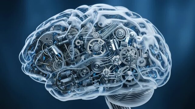 Mechanical brain in futuristic style, metallic blue tones, symbol of artificial intelligence and machine learning