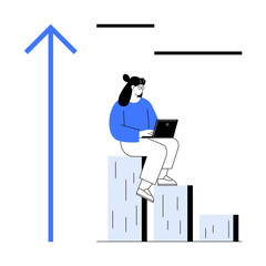 Woman using laptop seated on bar chart steps with upward arrow suggesting growth, development, achievement, planning, progress, learning, career success. Ideal for business, education career