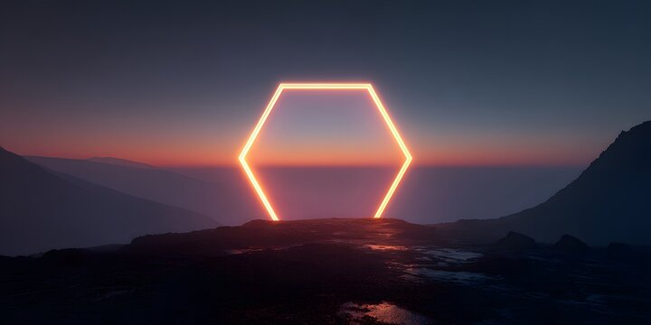 Illuminated hexagonal portal shines brightly amidst dramatic mountainous landscape during twilight hours