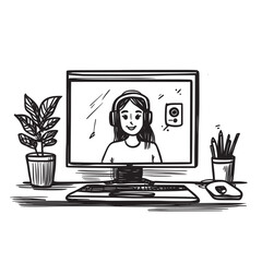 sketched outline cartoon vector illustration of webcam during a virtual meeting