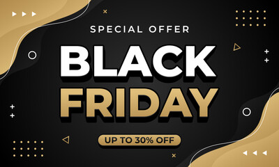 Black Friday banner template design, Abstract black and gold wave background with geometric shapes, up to 30% off, suitable for sales promotion, marketing ads, e-commerce, events, pages, and websites