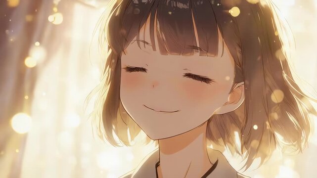 A serene close-up of an anime girl with a peaceful and content smile. This image evokes feelings of tranquility, happiness, and mindfulness.