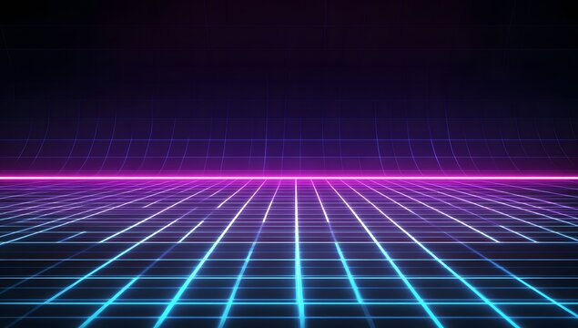 Retro futuristic grid landscape with neon glow and infinite digital horizon in deep space