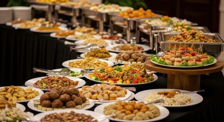 Fototapeta premium Elegant Buffet Spread With Various Delicious Dishes And Appetizers In A Formal Setting