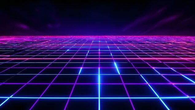 Abstract digital grid landscape with vibrant neon blue and pink glowing lines stretching into a dark futuristic horizon