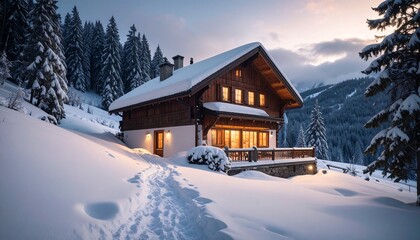 Fototapeta premium Cozy wooden chalet illuminated warmly against a snowy forest and sunset