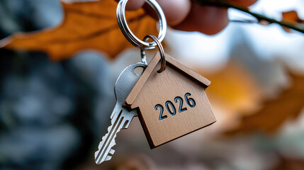 Hand holding a house shaped keychain with 2026 and a window, symbolizing future home ownership dreams, real estate investment plans, and long-term property goals
