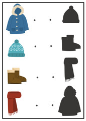 Shadow matching worksheet for preschoolers to match each winter clothing item with its shadow. Improves observation and attention skills.