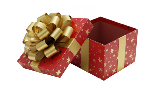 Open red gift box with golden ribbon isolated on transparent background