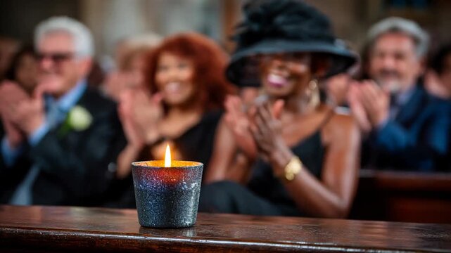 Candlelit funeral ceremony with people in black applauding
