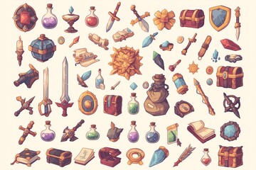 ファンタジーRPGの武器とアイテムのアイコンセット（剣・盾・ポーション・魔法）