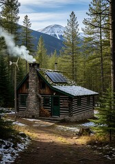 Cozy Cabin Retreat in the Forest with Mountain Backdrop.