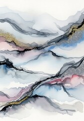 Abstract Ink Landscape with Gold Accents and Soft Colors.