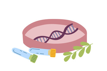 DNA in petri dish isolated on white background. Concept biotechnology, genetic engineering, plant research, DNA testing and molecular biology. Vector flat clipart.