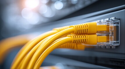 Bright yellow network cables are securely plugged into a data hub, showcasing a busy tech setting filled with connections. The scene captures the essence of digital communication