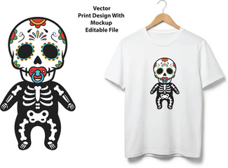 Day of the dead skeleton character illustration for festive apparel and graphics vector
