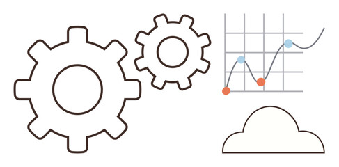 Two gears, line graph with data points, cloud representing teamwork, data visualization, analytics, innovation, cloud technology, process optimization. Ideal for business process simple flat