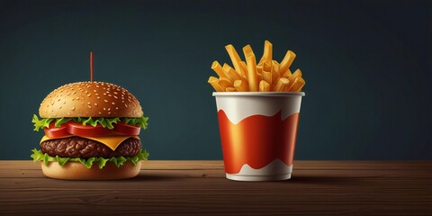 Delicious burger and crispy french fries in a cup on a wooden table