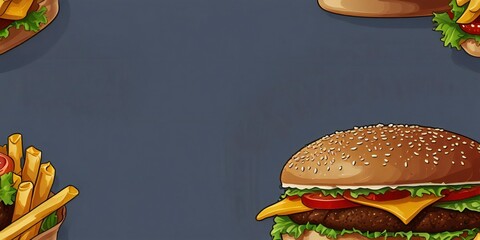 Delicious gourmet burger and fries pattern on a dark blue background