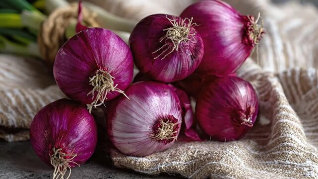 A close-up shot captures a vibrant pile of fresh red onions resting on a rustic, textured fabric. The rich, deep purple hues of the onions stand out, showcasing their natural texture and distinct root