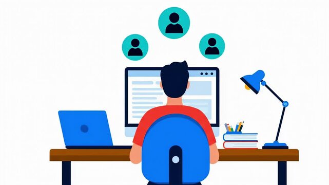 Person at computer with laptop and team icons above isolated on white background