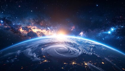 Obraz premium Earth view from space, with a hurricane. Stars and nebula in the background. City lights visible at night