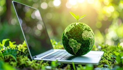 Laptop supporting a globe covered in moss with a sprouting plant, against blurred green foliage