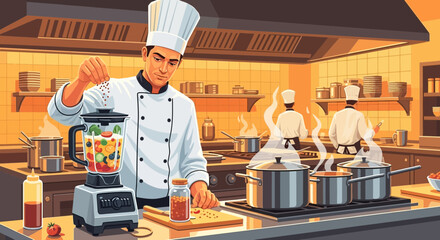 Chef meticulously prepares a vibrant fruit blend in a professional kitchen setting