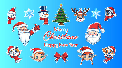 Vector set stickers of cute cheerful cartoon characters. Merry Christmas and Happy New Year. Santa Claus portraits. Elf, cat, dog, bear, reindeer and penguin, red scarves and hats. Snowman, bow