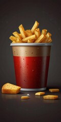 Delicious golden french fries overflowing from a red and gold paper container