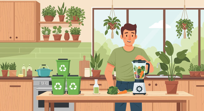 Illustration depicting eco-conscious lifestyle with recycling and healthy eating practices - Powered by Adobe