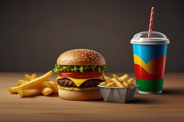 Delicious cheeseburger with fries and colorful soda drink