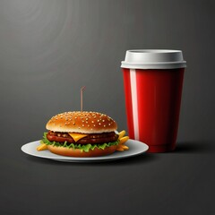 Delicious cheeseburger and red drink on a plate with dark background