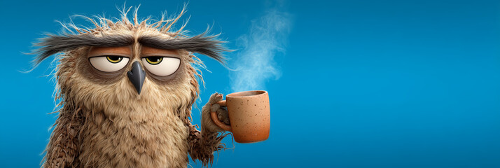 Cartoon character of a sleepy owl holding a hot coffee mug with a grumpy face on blue background with copy space, messy feathers, and a deep Monday morning mood. Caffeine-themed humor. Generative Ai.