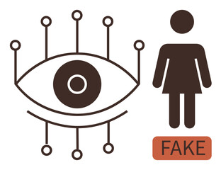 Eye with connected nodes symbolizes surveillance and technology, paired with a female figure marked FAKE. Ideal for identity verification, fraud detection, online security, AI ethics, digital