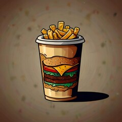 Creative fast food burger and fries in a disposable cup illustration