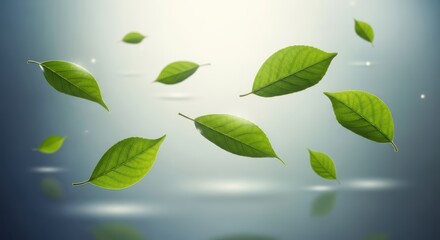 Green Leaves Floating Mid Air with Gentle Light Reflections on a Soft Blue Gradient Background