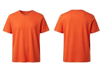 Front and back views of orange tshirt isolated on white background, blank cotton t shirt ready for your design, casual clothing