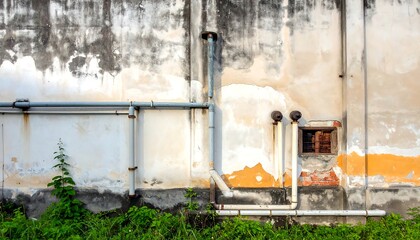 Obraz premium Crumbling exterior wall with pipes, faded paint, and wild green growth at the base adds to the textured scene