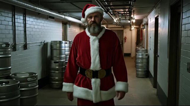 A man dressed as Santa Claus walking down a hallway with kegs of beer