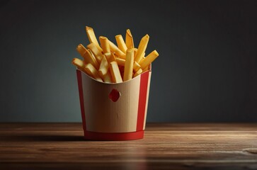 Crispy golden french fries served in a classic red and white striped paper carton