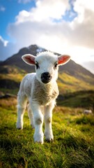 Fototapeta premium A fluffy white lamb stands in a grassy field, looking towards the viewer. Mountain peaks and cloudy sky form the backdrop