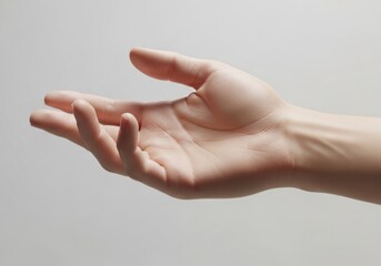 Closeup of a womans hand with an open palm, offering or receiving something, against a neutral background, showcasing its delicate details